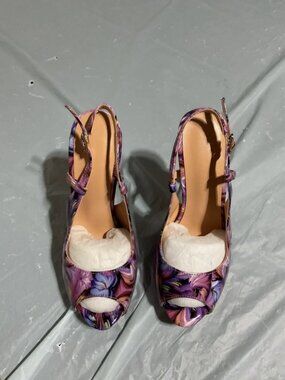 Floral Purple Slingback Peep-Toe Heels with Adjustable Strap